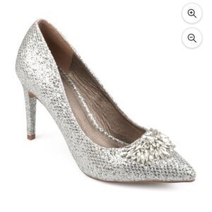 JC SPARKLY SILVER RHINESTONE  POINTED TOE GLITTER HEELS PUMPS